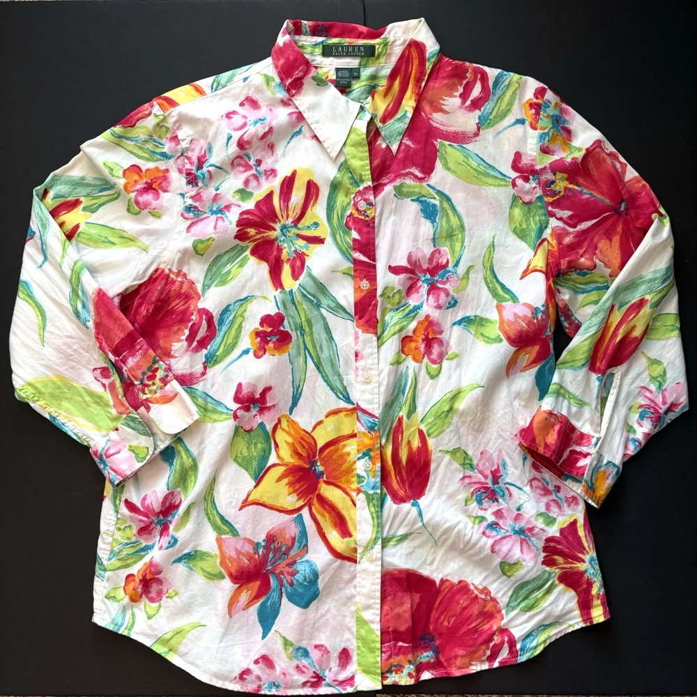 Lauren Ralph Lauren Watercolor Floral Shirt XL Cotton 3/4 Sleeve Button Front